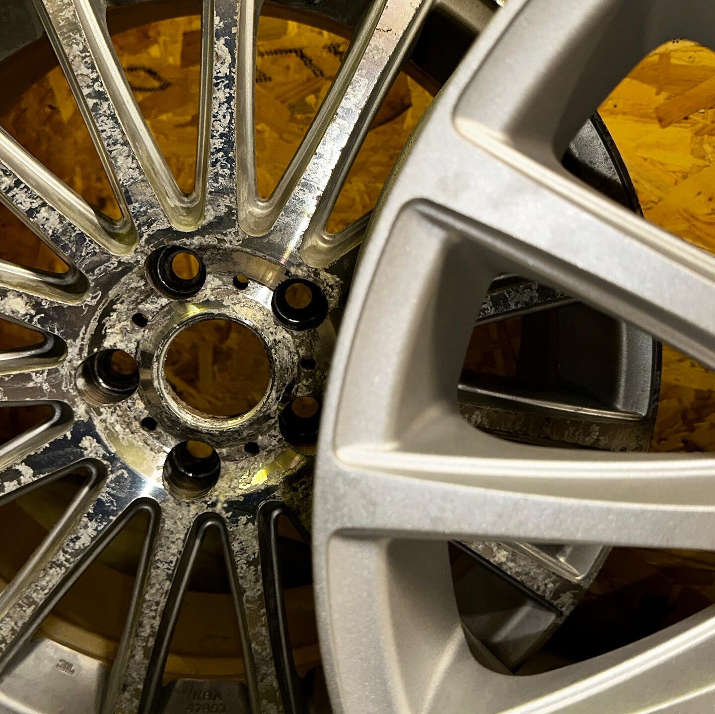 Alloy wheel before and after corrosion repair showing restored finish