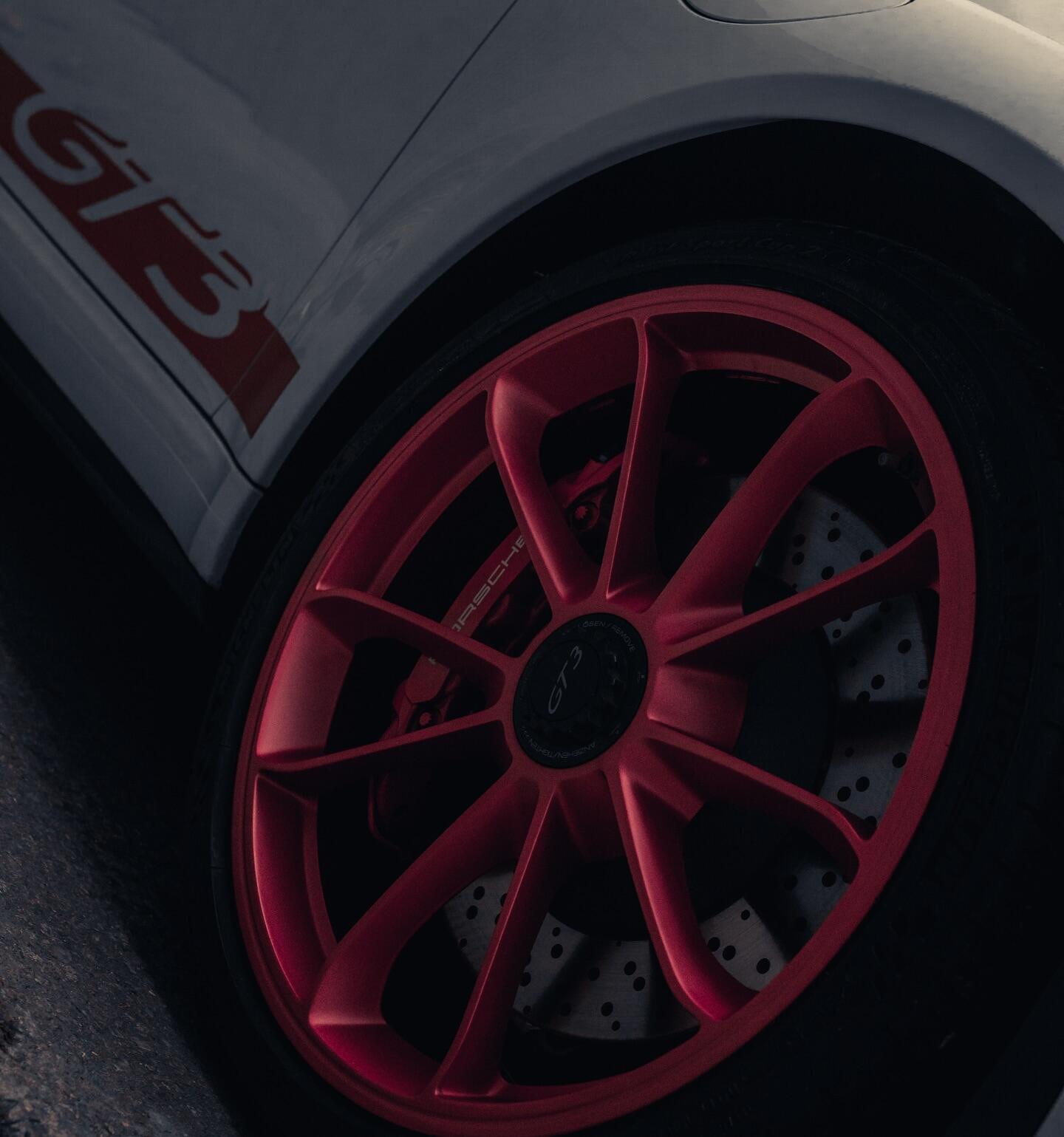 Porsche GT3 red wheel close-up detail