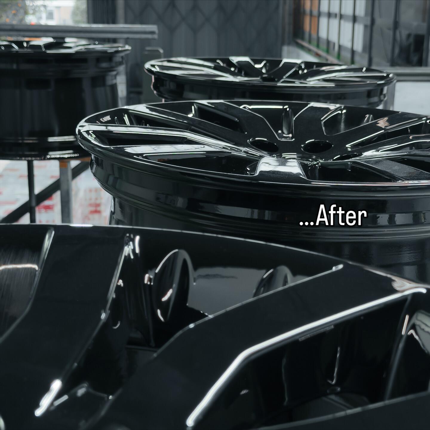 Same set of alloy wheels after professional refurbishment — restored to showroom condition